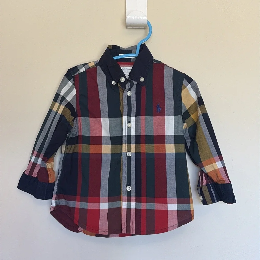 Ralph Lauren Multicolor Dark Plaid Natural Stretch Button Down Shirt Toddler 18M